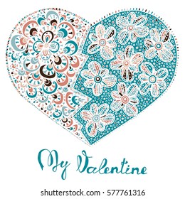 Hand drawn heart with colorful pattern for valentines day design, vector illustration