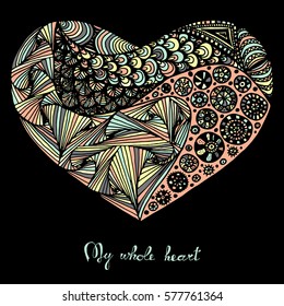 Hand drawn heart with colorful pattern for valentines day design, vector illustration