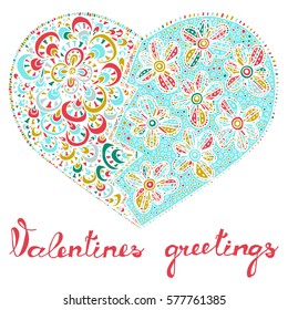 Hand drawn heart with colorful pattern for valentines day design, vector illustration