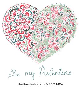 Hand drawn heart with colorful pattern for valentines day design, vector illustration
