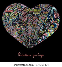 Hand drawn heart with colorful pattern for valentines day design, vector illustration