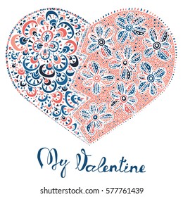 Hand drawn heart with colorful pattern for valentines day design, vector illustration