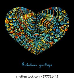 Hand drawn heart with colorful pattern for valentines day design, vector illustration