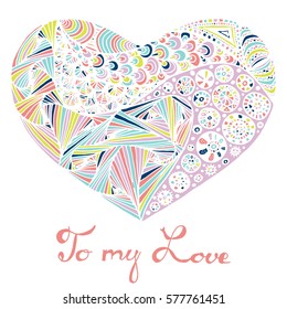 Hand drawn heart with colorful pattern for valentines day design, vector illustration