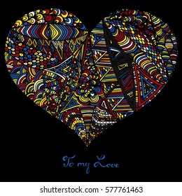 Hand drawn heart with colorful pattern for valentines day design, vector illustration