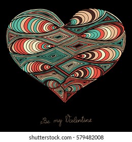 Hand drawn heart with colorful pattern for valentines day design, vector illustration