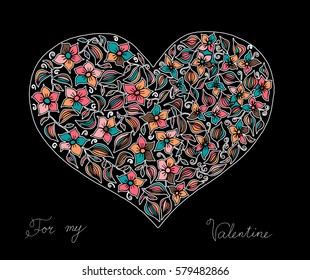 Hand drawn heart with colorful pattern for valentines day design, vector illustration