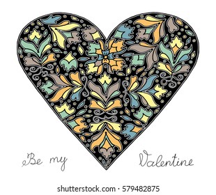 Hand drawn heart with colorful pattern for valentines day design, vector illustration