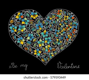 Hand drawn heart with colorful pattern for valentines day design, vector illustration