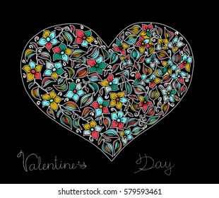 Hand drawn heart with colorful pattern for valentines day design, vector illustration
