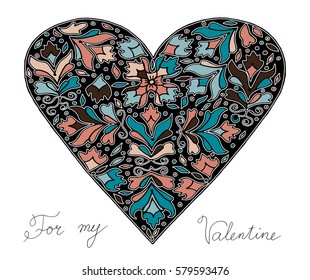 Hand drawn heart with colorful pattern for valentines day design, vector illustration