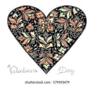 Hand drawn heart with colorful pattern for valentines day design, vector illustration