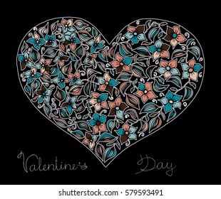 Hand drawn heart with colorful pattern for valentines day design, vector illustration