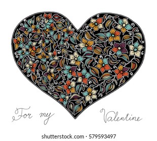 Hand drawn heart with colorful pattern for valentines day design, vector illustration