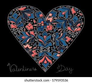 Hand drawn heart with colorful pattern for valentines day design, vector illustration