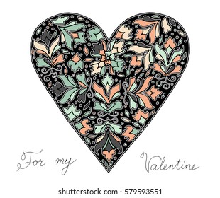 Hand drawn heart with colorful pattern for valentines day design, vector illustration