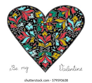 Hand drawn heart with colorful pattern for valentines day design, vector illustration