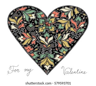 Hand drawn heart with colorful pattern for valentines day design, vector illustration