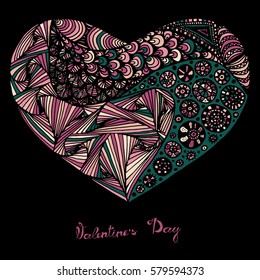 Hand drawn heart with colorful pattern for valentines day design, vector illustration