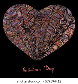 Hand drawn heart with colorful pattern for valentines day design, vector illustration