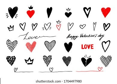 Hand drawn heart, crown, love sign. Black paint handdrawn transparent hearts shape. Romantic outline illustrated logo, freehand isolated elements ror wedding invitation design. Pencil valentine's day