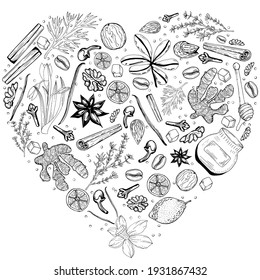 Hand Drawn Heart of culinary herbs and spices 