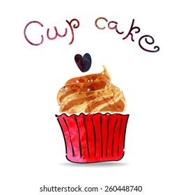 Hand drawn heart cupcake vector illustration. Food pattern watercolor vector isolated on white.
