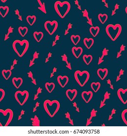 Hand drawn heart with cupid arrows seamless pattern. Creative pattern for wallpaper, warping paper, background, web-design and textile. Can be used for Valentine s Day cards.