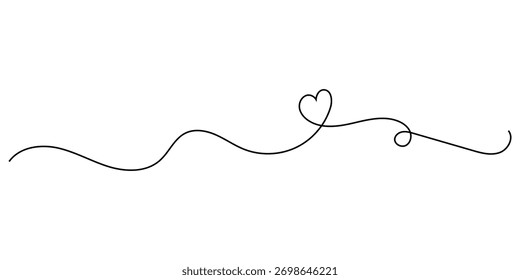 Hand drawn heart curved continuous line on white background. Wavy valentines-day love drawing icon. Love connected hearts with wavy line. Valentine clipart on isolated white background. EPS 10. 