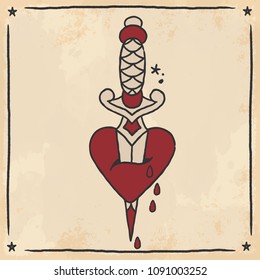 Hand drawn heart with dagger in traditional tattoo style on tea dyed paper vector background. Fully editable vector in well organized layers. 
