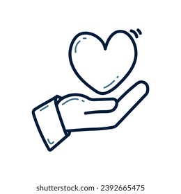 Hand drawn hand with heart doodle illustration. Hand with love doodle icon.