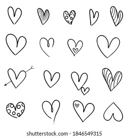 Hand drawn heart doodle set for concept design. Black line icon. Modern abstract . Vector stroke. Romantic concept. Web design.