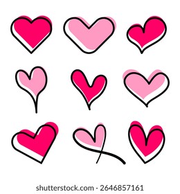 Hand Drawn Heart Doodle Set Vector Illustration. A colorful vector illustration featuring a collection of nine hand drawn heart doodles in different shapes and styles.