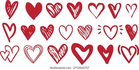 Conjunto de doodle de corazón dibujado a mano con símbolos de amor y Formas románticas. Lindos corazones de estilo de boceto perfectos para San Valentín, boda y diseños emocionales. Elementos de Vector ideales para tarjetas, pegatinas, redes sociales