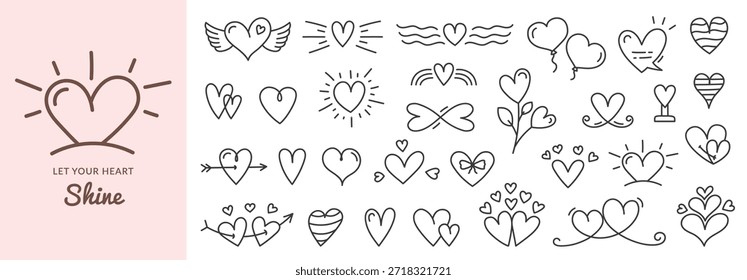Conjunto de doodle de coração desenhado à mão com vários símbolos românticos bonitos e elementos decorativos simples do coração em um estilo minimalista limpo
