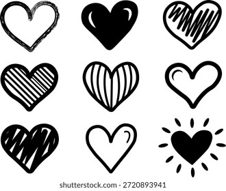 Dibujado a mano corazón Doodle Set, Iconos de amor de bosquejo blanco y negro, lindo Colección de símbolos románticos de San Valentín