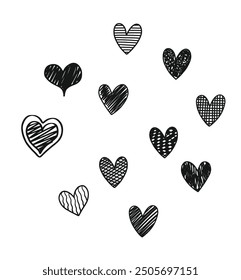 hand drawn heart doodles, brush stroke, love symbol isolated on white background