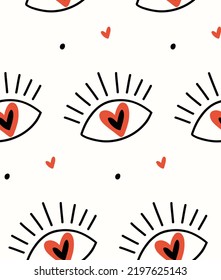 Doodles de ojos de corazón dibujados a mano sin fisuras. Ojos malvados. Ilustración vectorial. Perfecto para fondos de pantalla, fondos de página web, texturas superficiales, textiles.