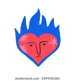 Hand drawn heart in flames with sad face, cartoon flat vector illustration isolated on white background. Cute and quirky Valentines day drawing with grunge texture. Symbol of love.