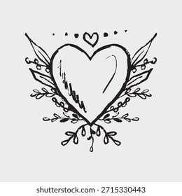 Corazón dibujado a mano con Elementos florales. Tarjeta de felicitación feliz del día de San Valentín. Concepto de amor. Ilustración de boceto de Vector en estilo vintage de carbón de crayón