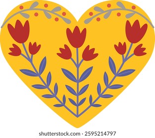 Hand drawn heart with floral pattern in folk style. Cute element isolated on transparent background	