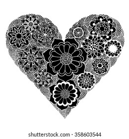 Hand drawn Heart of flower doodle background. Black and white. Vector illustration