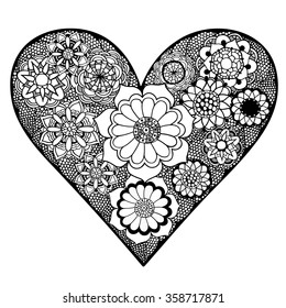 Hand drawn Heart of flower doodle background. Black and white. Vector illustration