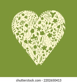 Hand drawn heart of flower elements on green background. For cards, invitations, save the date cards
