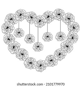 Hand drawn heart of flowers. Decorative spring floral romantic ornament. Vector illustration isolated on white background