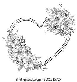 Hand drawn heart of flowers. Decorative spring floral romantic ornament. Vector illustration isolated on white background
