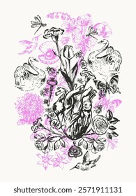 Hand drawn heart and flowers print with birds, butterfly, dragonfly, feathers, key. Glamour valentine’s day background. Ink sketch, love and romance print.