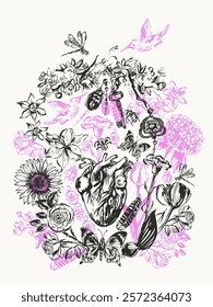 Hand drawn heart and flowers print with birds, butterfly, dragonfly, feathers, key. Glamour valentine’s day background. Ink sketch, love and romance print.