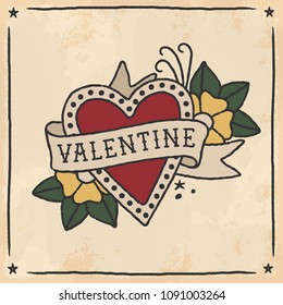 Hand drawn heart with flowers in traditional tattoo style on tea dyed paper vector background. Fully editable vector in well organized layers. 
