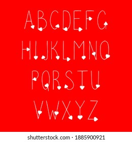 Hand drawn heart font. Love Vector Hand drawn English Alphabet. Cartoon Doodle style. Clipart isolated letters with heart decor. Cute alphabet for banners, invitations, greeting valentine s day.
